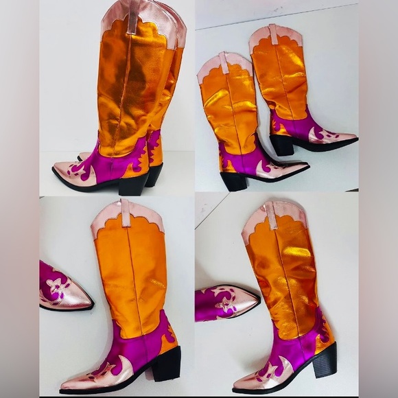 Shoes - Multi Colored Metallic Chunky Block Heel Cowgirl Boots